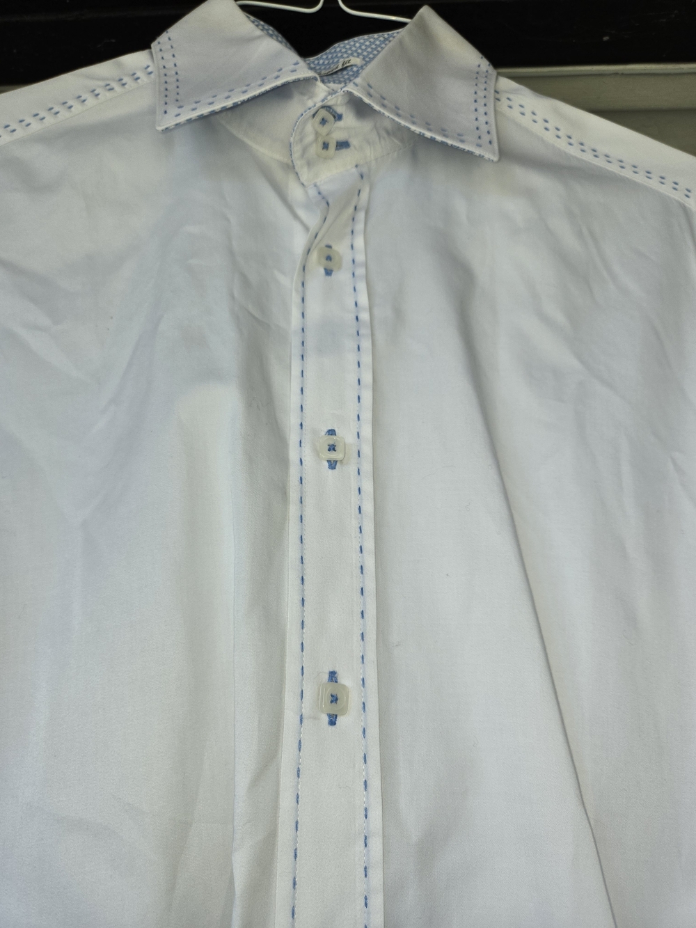 Bugatchi White Women's Dress Shirt with Blue Stitching